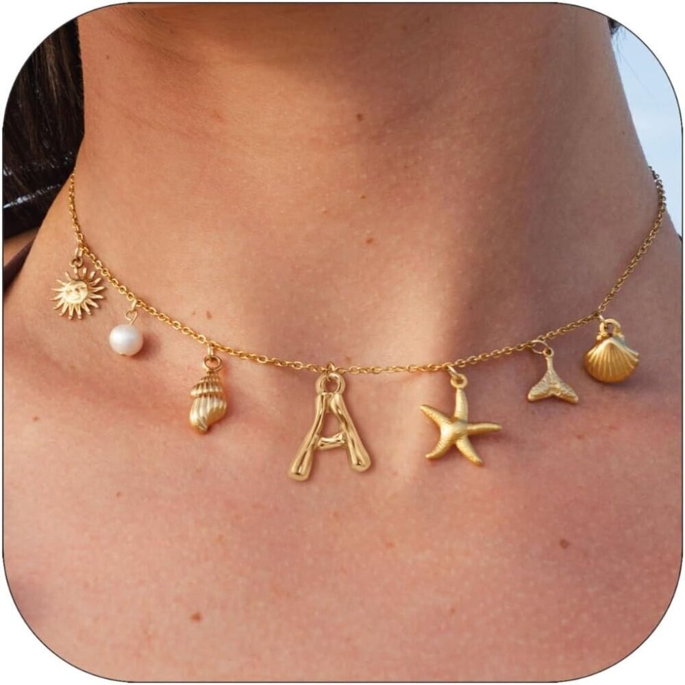 Gold Initial Charm Necklace Women Shell Pendant Boho